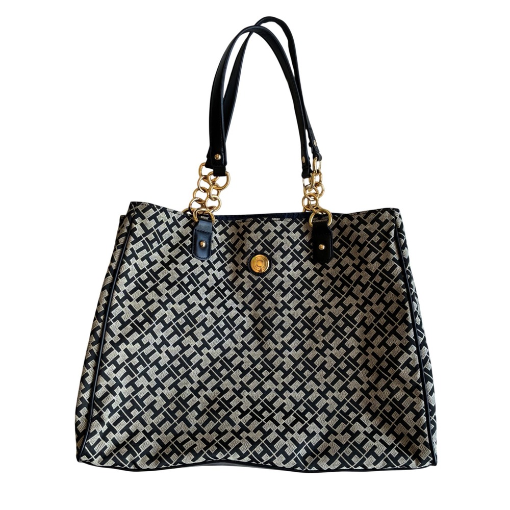 Tommy Hilfiger Monogram Jacquard Tote Bag Black Cream Gold Chain Shoulder Bag